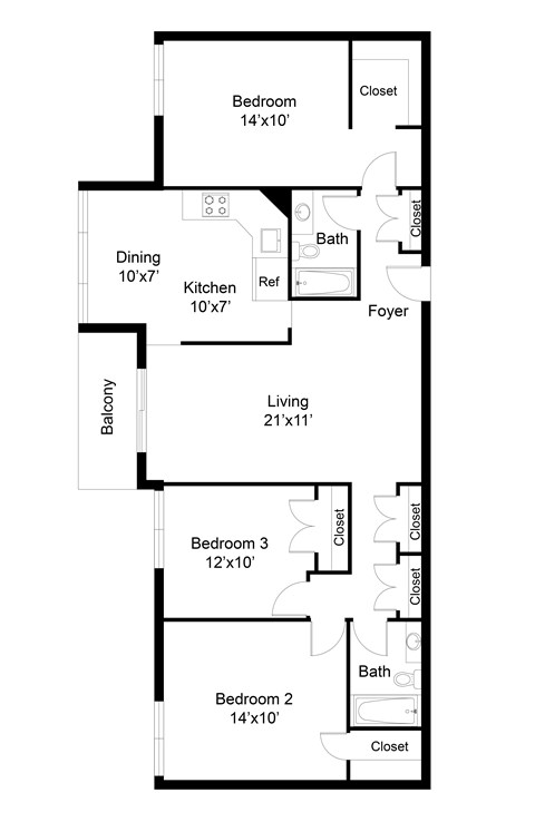 Floor plan for 3 beds, 2 baths, 1222 sqft